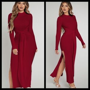 Red Ribbed Tie Front Long Sleeve Viscose Bodycon Maxi Dress Small NWT